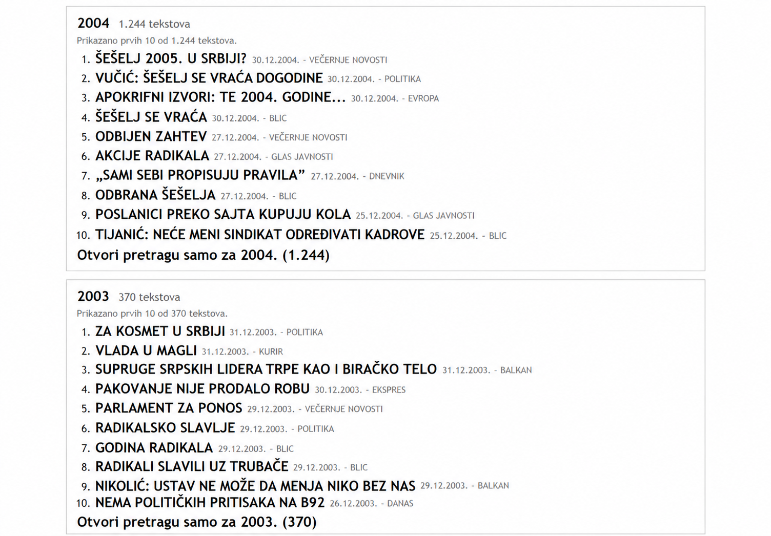 Primer rezultata pretrage, godine 2004. i 2003.